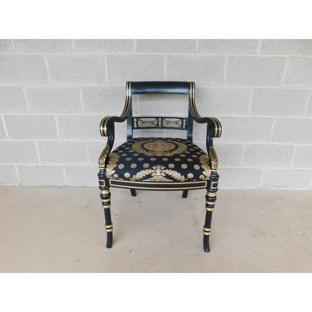 Hancock & Moore Regency Style Black Lacquer and Gilt Gold Accented Arm Chair Original upholstery is very good condition,...