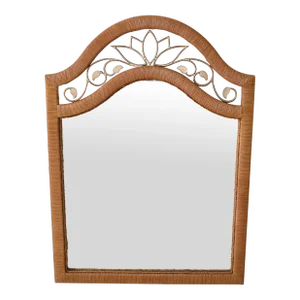 Monumental 1970s Hand Woven Cane Wood Wall Mirror Wrought Iron Arch Design