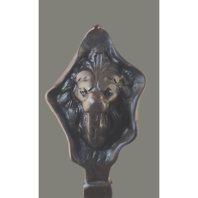 Metal Antique Arts & Crafts Hand Forged Iron Figural Lions Head Fireplace Andirons Marked- a Pair For Sale - Image 7 of 11