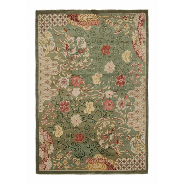 Green 2010s Rug & Kilim’s Chinese Style Art Deco Rug in Green With Red & Gold Florals For Sale - Image 8 of 8