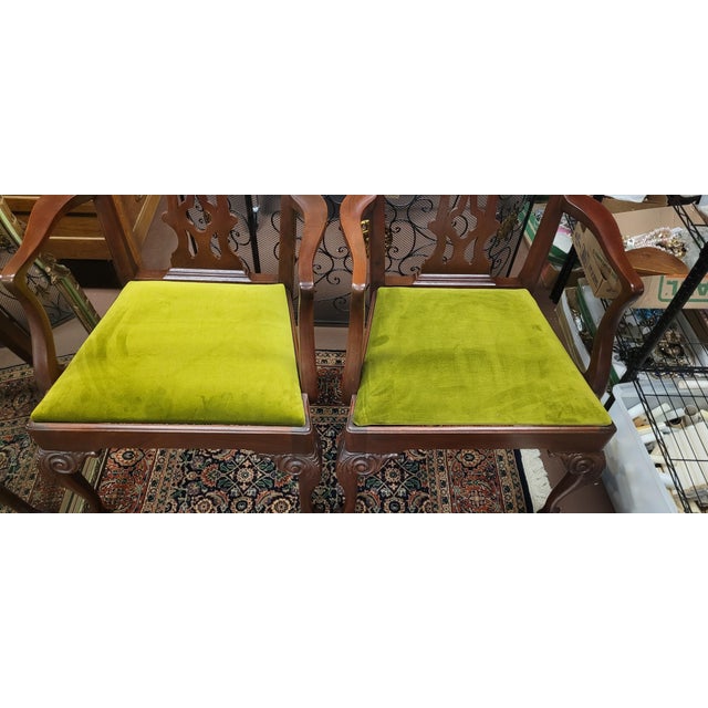 Avocado Pair Fine Vintage 1940s Chippendale Arm Chairs in Velvet For Sale - Image 8 of 9