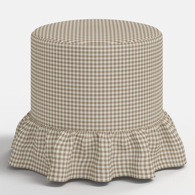 Spritely Home Stoffer Home x Cloth & Company Bernadette Ruffle Drum Ottoman in Mini Gingham Burlap For Sale - Image 4 of 4