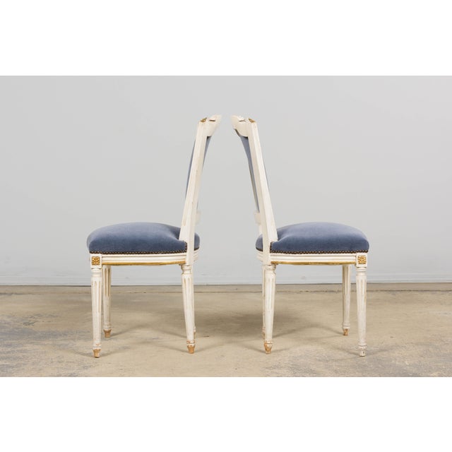Antique French Louis XVI Style Painted Accent Chairs in Blue Mohair - A Pair For Sale - Image 10 of 18