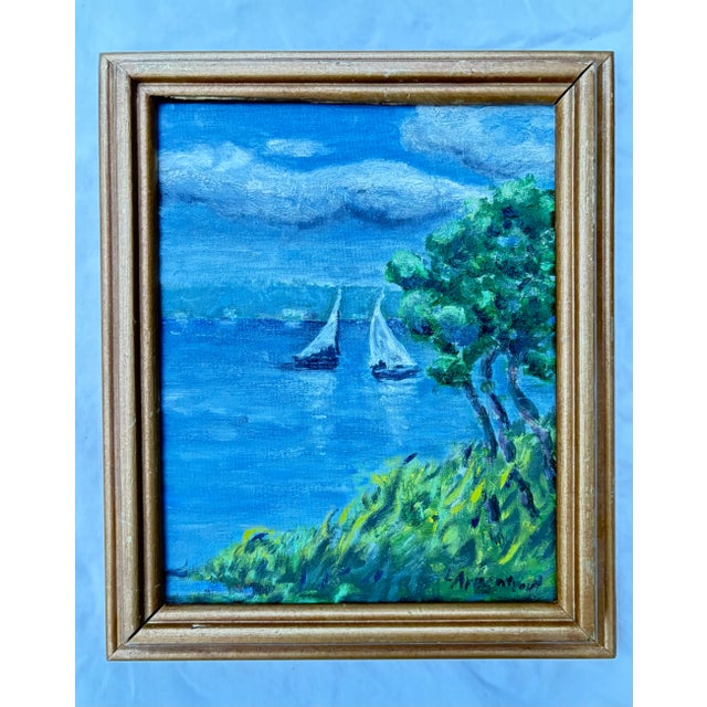Sky Blue Late 20th Century Seascape Twin Sails Oil on Canvas, Signed by Artist For Sale - Image 8 of 8