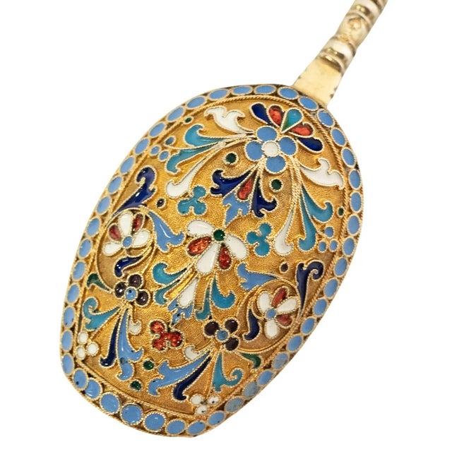 Gold Antique Imperial Russian Silver Gilt Cloisonne Tea Caddy Spoon Moscow 1880 For Sale - Image 8 of 12