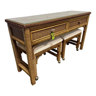 Boho Coastal Henry Link Console & Stools For Sale