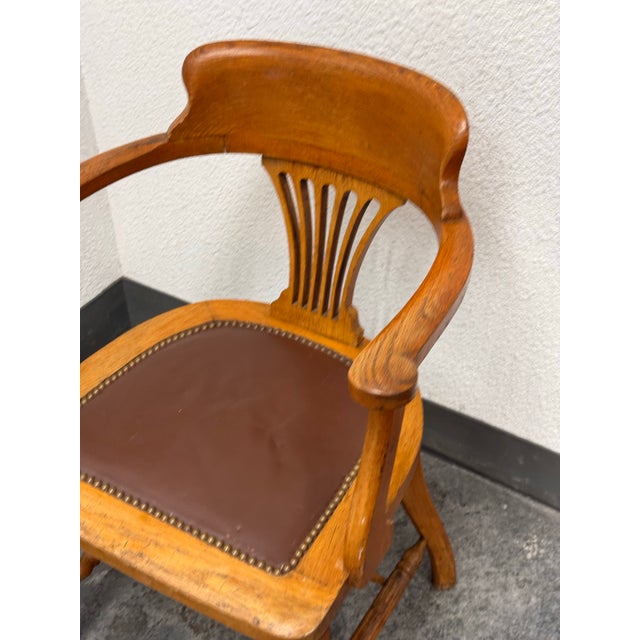 Wood Captain’s Oak + Leather Armchair, Antique For Sale - Image 7 of 9