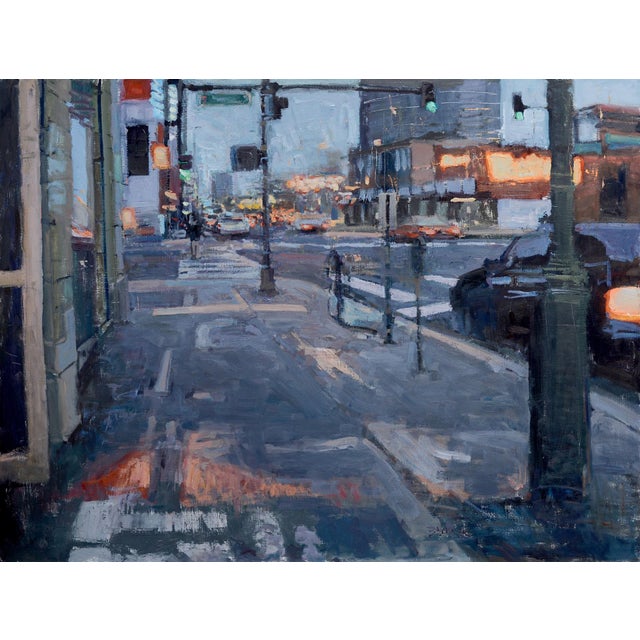The artwork depicts a bustling city street at twilight, where the interplay of artificial lights reflects off wet...