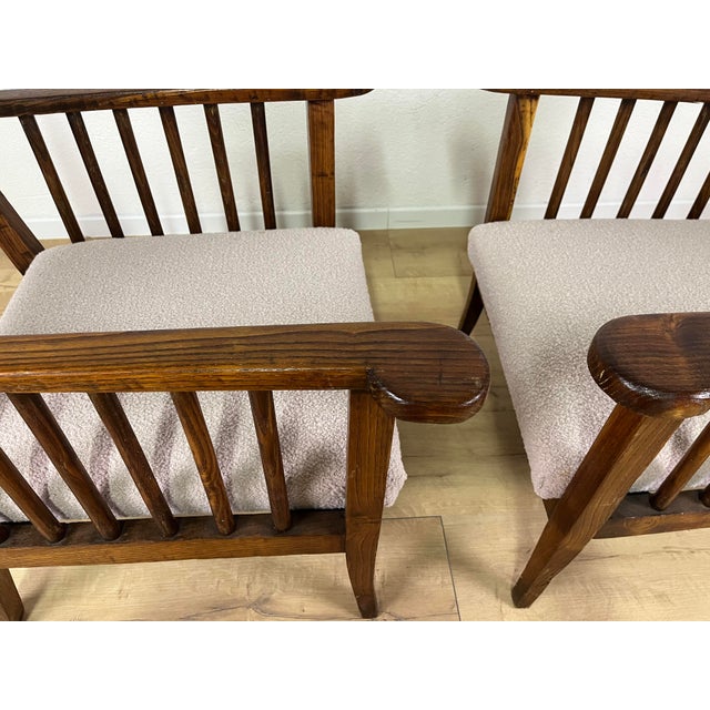 Brown Italian Wooden Armchairs with Pink Bouclé Fabric, 1940s, Set of 2 For Sale - Image 8 of 9