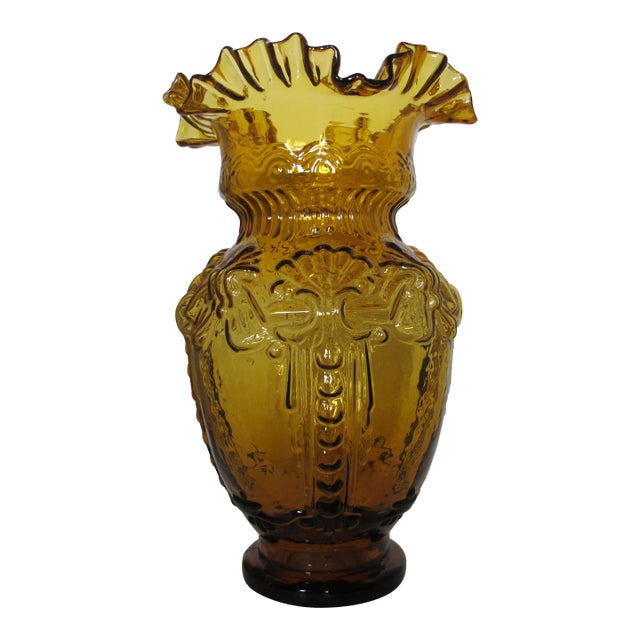 Mid 20th Century Amber Glass Ruffled Rim Statement Vase For Sale