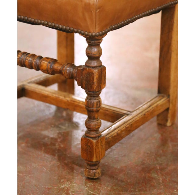 Wood Set of 6 French Louis XIII Oak Ladder Back Dining Chairs With Leather Seats For Sale - Image 7 of 11