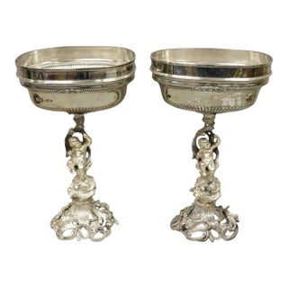 Antique French Rococo Silver Plated Cherub Dome Centerpiece Fruit Bowls - Pair For Sale