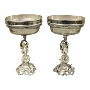 Antique French Rococo Silver Plated Cherub Dome Centerpiece Fruit Bowls - Pair