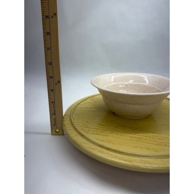 Yellow Vintage Mid-Century Modern Yellow & Speckled Ceramic Lazy Susan Hostess Snack Set With Wooden Base - 6 pcs For Sale - Image 8 of 10
