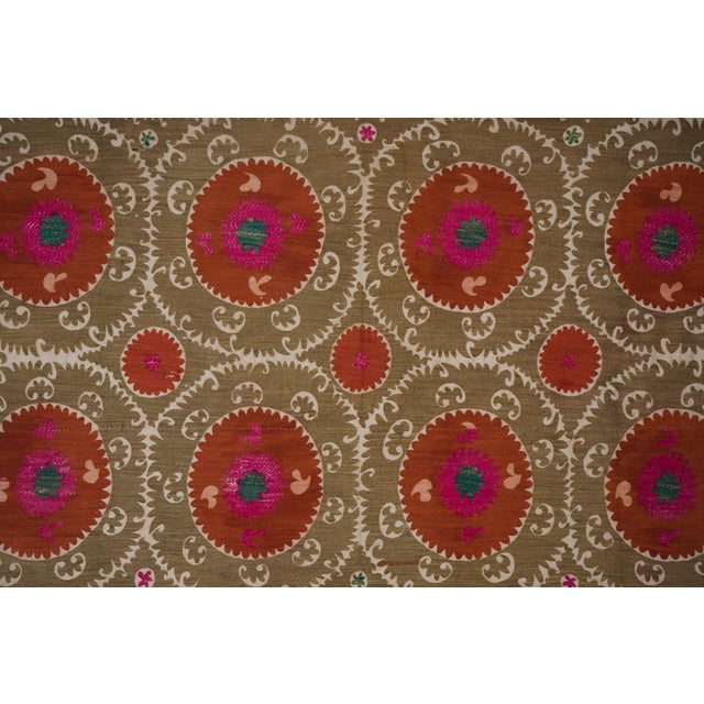 Textile Decorative Suzani Embroidery | Olive Green Living Room Wall Hanging 6'11'' X 10'3'' For Sale - Image 7 of 15