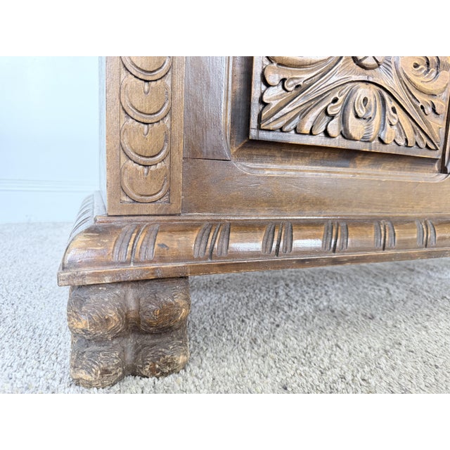 17th-Century Swiss, Renaissance Carved Oak Blanket Chest Replica From 1930s Strapwork Panels, Gadrooned Base, Lion Paw Feet For Sale - Image 4 of 9