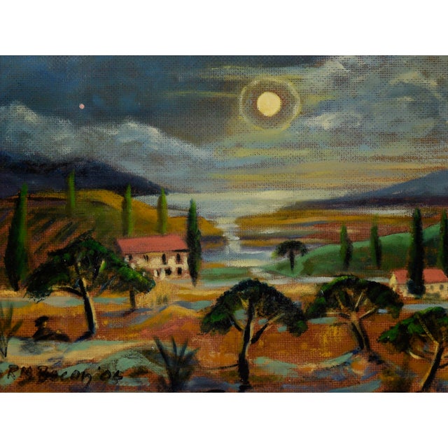 "Tuscan Moon" Nocturnal Landscape in Acrylic on Masonite Serene nocturnal seascape by Richard M. Bacon (American, 20th...