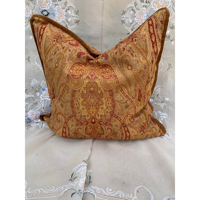 Lauren Ralph Lauren Dalmency Hall Gold Burgundy Sage Green, Suede Trim Medallion Paisley Decorative Pillow 24” X 24” For Sale - Image 9 of 12