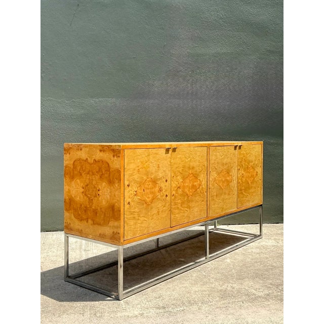 Mid 20th Century Vintage Bernhardt “Flair” Burl Wood Credenza on Chrome Base For Sale - Image 5 of 12