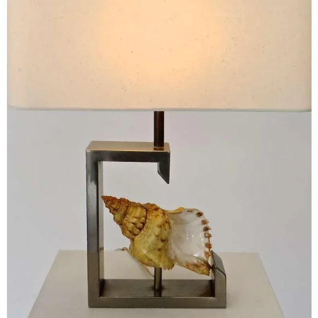 Mid-Century Modern 1970s French Table Lamp with Real Seashell Surrounded by Nickel Chrome Frame For Sale - Image 3 of 10