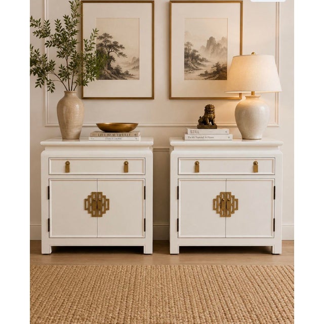 Offered is a pair of Asian style nightstands by high-quality furniture maker Century Furniture, from their "Chin Hua" line...