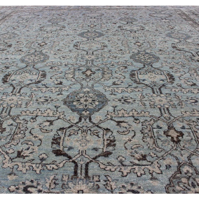 Modern Hand-Knotted Oushak Rug With Geometric Design in Blues and Browns For Sale - Image 4 of 12