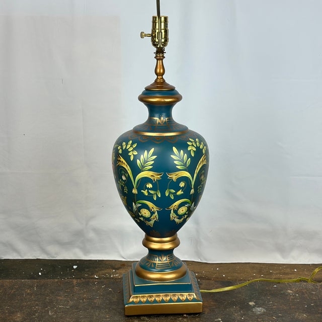 Traditional Bradburn Gallery Hand Painted Urn Table Lamp in Cerulean Blue & Gold For Sale - Image 3 of 11