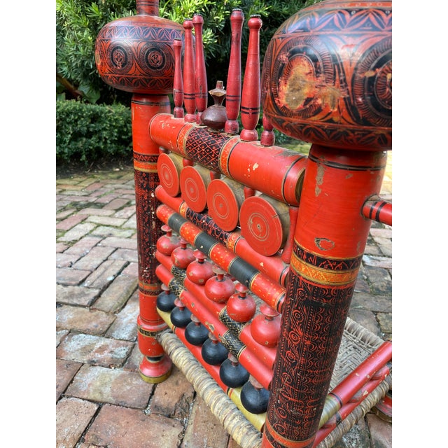 Antique 1900s Indian Punjabi Red Black and Tan Hand Carved and Hand Painted Wood and Cane