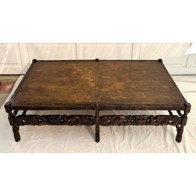 Wood English Carolean Revival Style Carved Wood Coffee Table With Cherubs & Crown Motif For Sale - Image 7 of 15