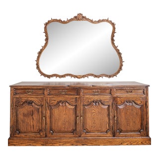 Custom French Provincial Style Oak Buffet / Sideboard – Baker Style, Carved Details, 83” For Sale