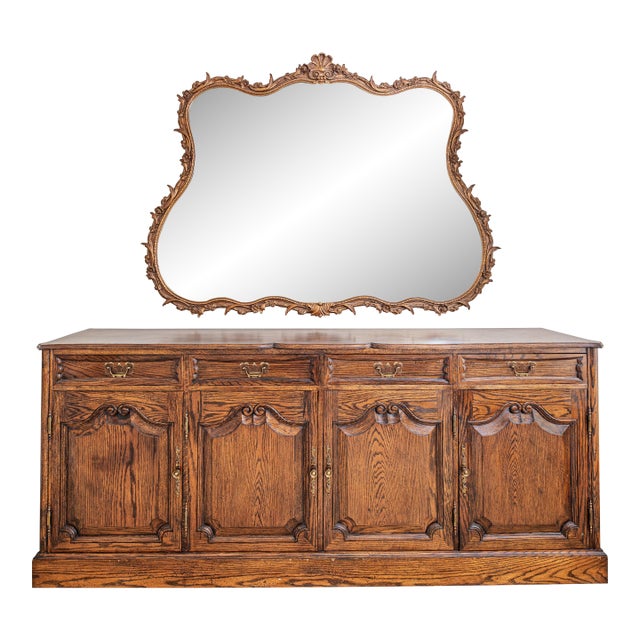 Custom French Provincial Style Oak Buffet / Sideboard – Baker Style, Carved Details, 83” For Sale