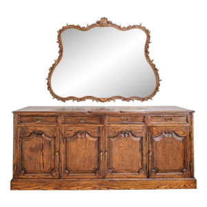 Custom French Provincial Style Oak Buffet / Sideboard – Baker Style, Carved Details, 83”