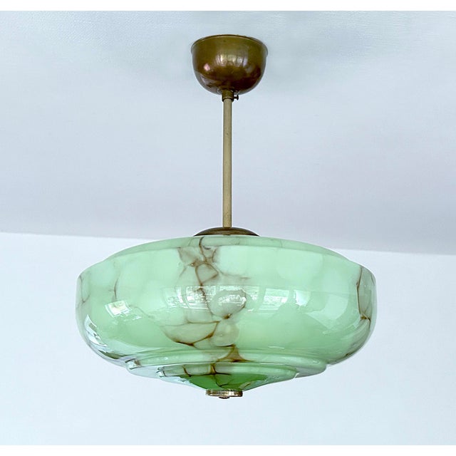 Modern Art Deco Pendant Light in Green Marble Glass, 1930s For Sale - Image 3 of 18