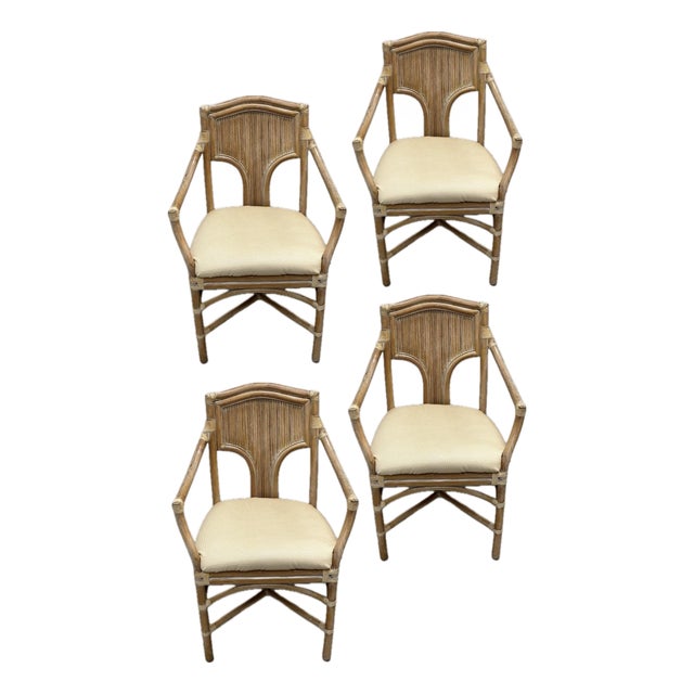 Mid 20th Century 4 McQuire Rattan, Pencil Reed Dining Chairs. Coordinate Well With Our Sheaf of Wheat Tables. For Sale