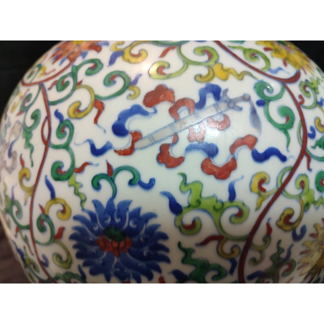 Art Deco Chinese Ceramic Vase Qing Dynasty Qianlong Marked Doucai Porcelain Tianqiu Vase Hand Painted Hidden Eight Immortals Pattern For Sale - Image 3 of 11