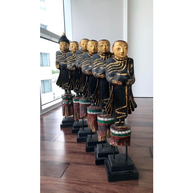 Set of Six Antique Southeast Asian Lacquered Wood Buddhist Temple Figures For Sale In Miami - Image 6 of 13