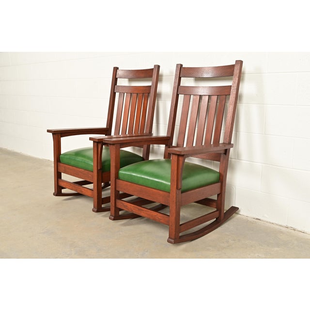 Stickley Brothers Style Antique Mission Oak Arts & Crafts Rocking Chairs, Pair For Sale - Image 9 of 9