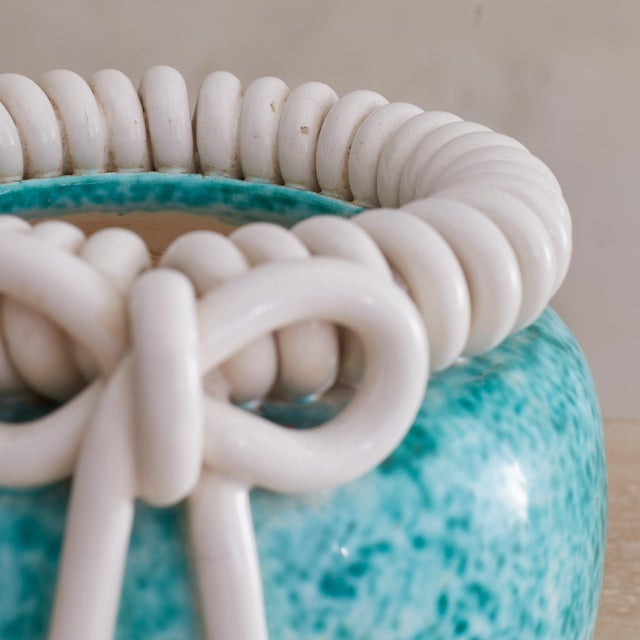 French Turquoise Ceramic Vase with Bow Motif by Gustave Asch, 1940s For Sale - Image 15 of 18