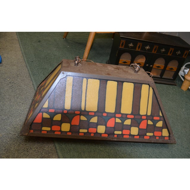 Cabin Vintage Mid-Century Brown, Orange, Yellow Slag Glass & Metal Pool Billiard Pendant Light For Sale - Image 3 of 7
