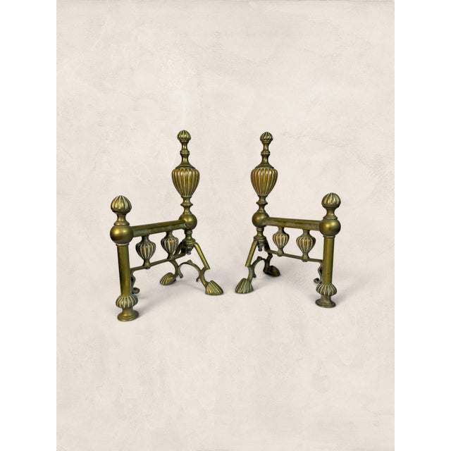 Metal Antique English Cast Brass Andirons With Scrolled Legs For Sale - Image 7 of 7