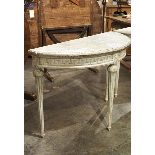 Late 19th Century Pair of Antique French Painted Oak Louis XVI Style Greek Key Consoles, C. 1880 For Sale - Image 5 of 12