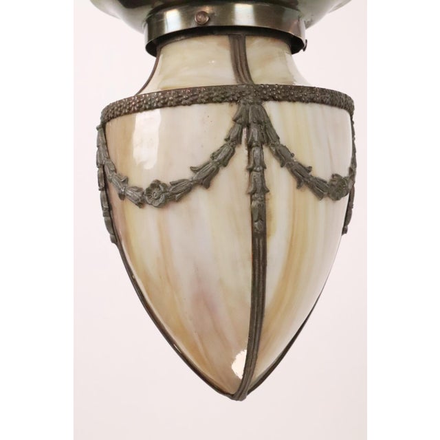 Late 19th Century Restored 1890s Stained Glass Converted Gas Brass Pendant Light For Sale - Image 5 of 11