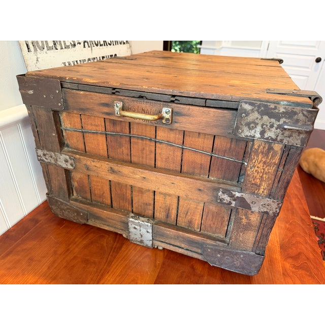 Antique First National Stores Wooden Shipping Crate With Lid – Wire Reinforced Grocery Transport Basket – Coffee Table Storage Chest For Sale - Image 11 of 18