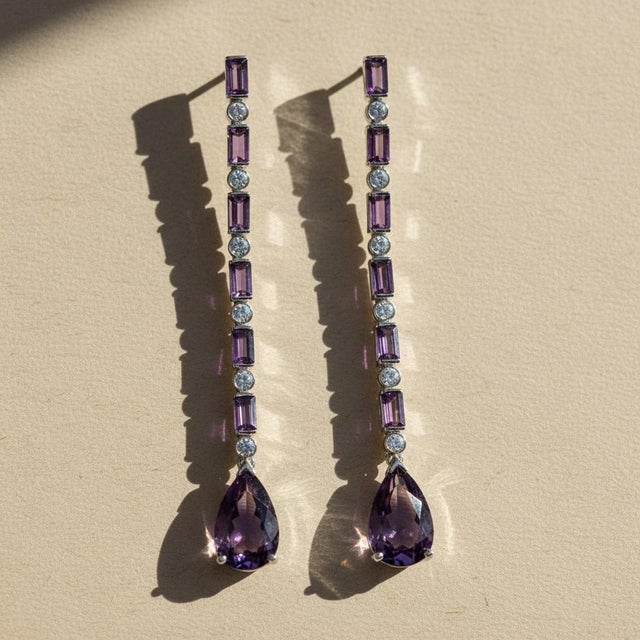 Amethyst Long Drop Earrings, Silver, Gold, Pair For Sale - Image 4 of 7
