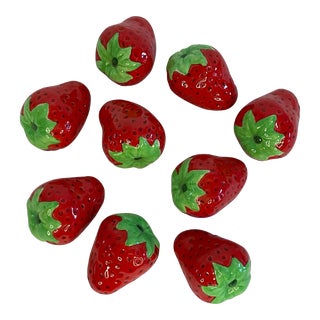 Mid-Century Majolica French Folk Art Ceramic Strawberries - Set of 9 For Sale