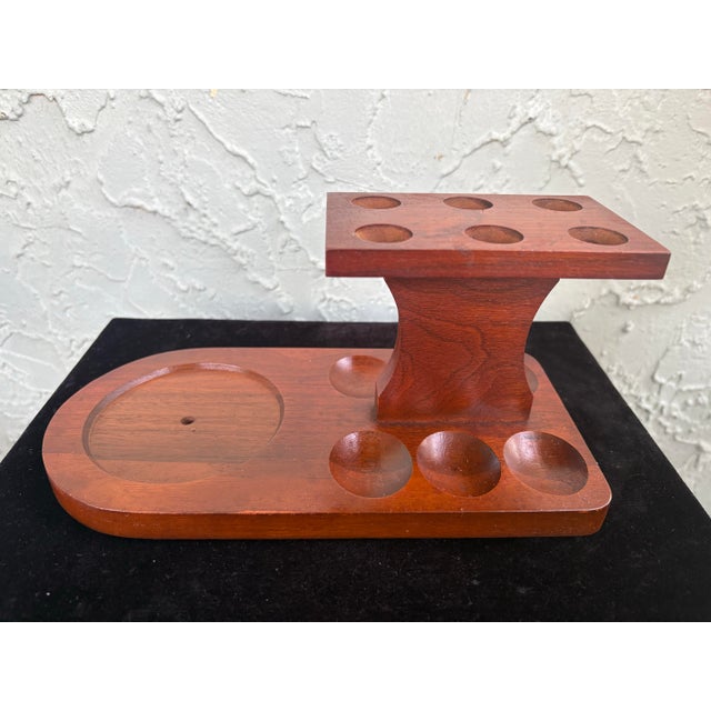 Vintage Fairfax Smoking Set With Green Textured Glass Tobacco Jar and Wooden Pipe Rack, Mid-Century Modern For Sale - Image 9 of 12