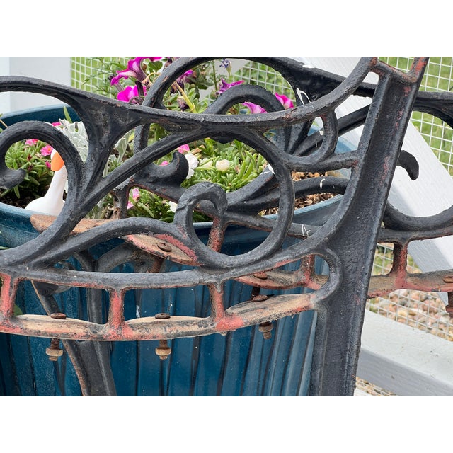 Antique Cast Iron Park Bench Ends With Scrollwork 27.25" Small Garden Bench Side Legs Set of 2 Worn For Sale - Image 6 of 13