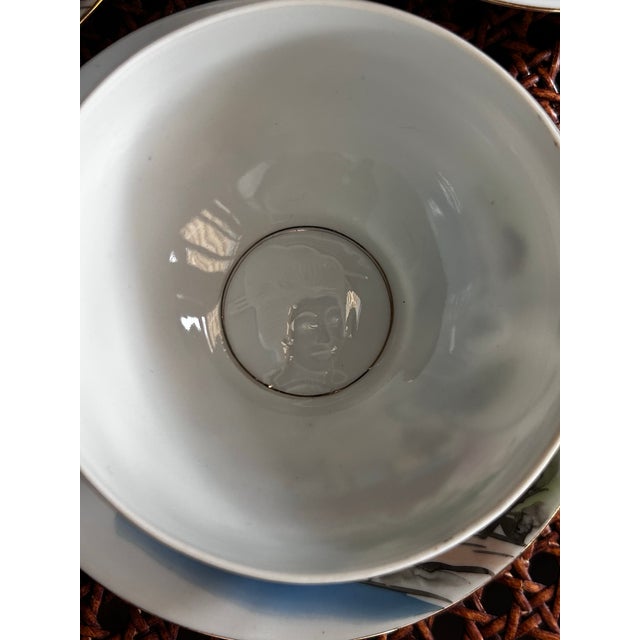 1930s Japanese Kutani Lithophane Cup & Saucer Set of 3 Taisho Showa Fuji Signed For Sale - Image 11 of 12