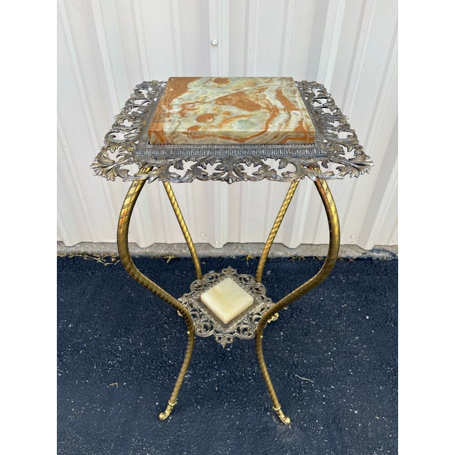 Antique Two-Tier Art Nouveau Brass and Onyx Planter Stand With Gallery For Sale - Image 6 of 12