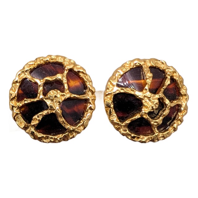 Vintage 1970s Signed Crown Trifari Round Goldtone Faux-Tortoise Clip Earrings-2 Pieces For Sale